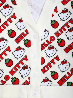 Hello Kitty Strawberries V-Neck Long Sleeve White Waffle-Knit Adult Cropped Cardigan