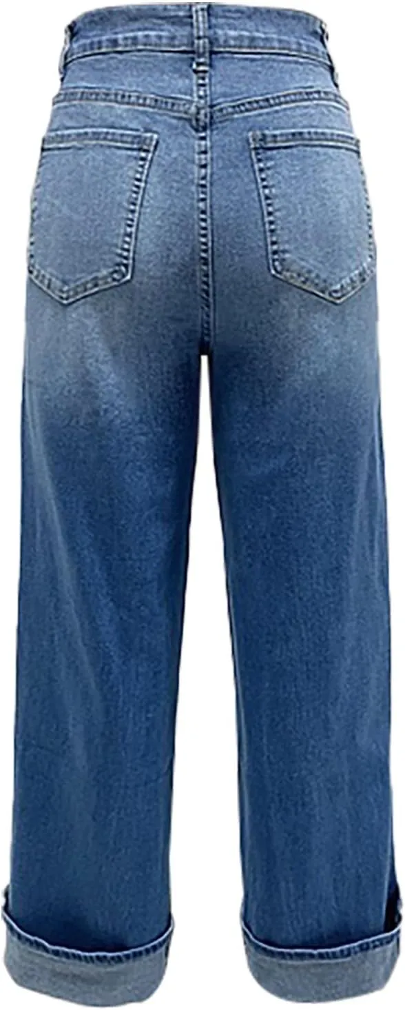 High-Waisted Wide-Leg Jeans for Women Stylish Loose Fit Classic Design Casual Denim Pants Street Washed Denim Trouser