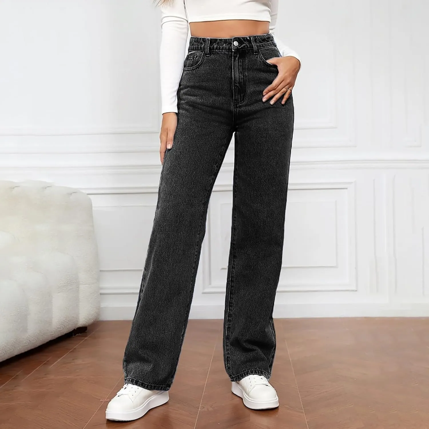 High-Waisted Wide-Leg Jeans for Women Stylish Loose Fit Classic Design Casual Denim Pants Street Washed Denim Trouser