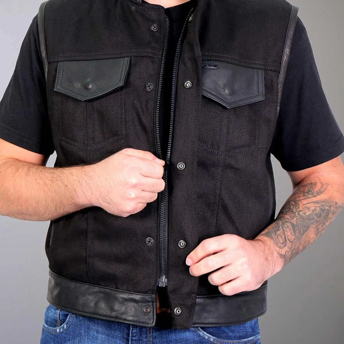 Hot Leathers Men's Standard Denim Biker Vests, Vsm5101-black