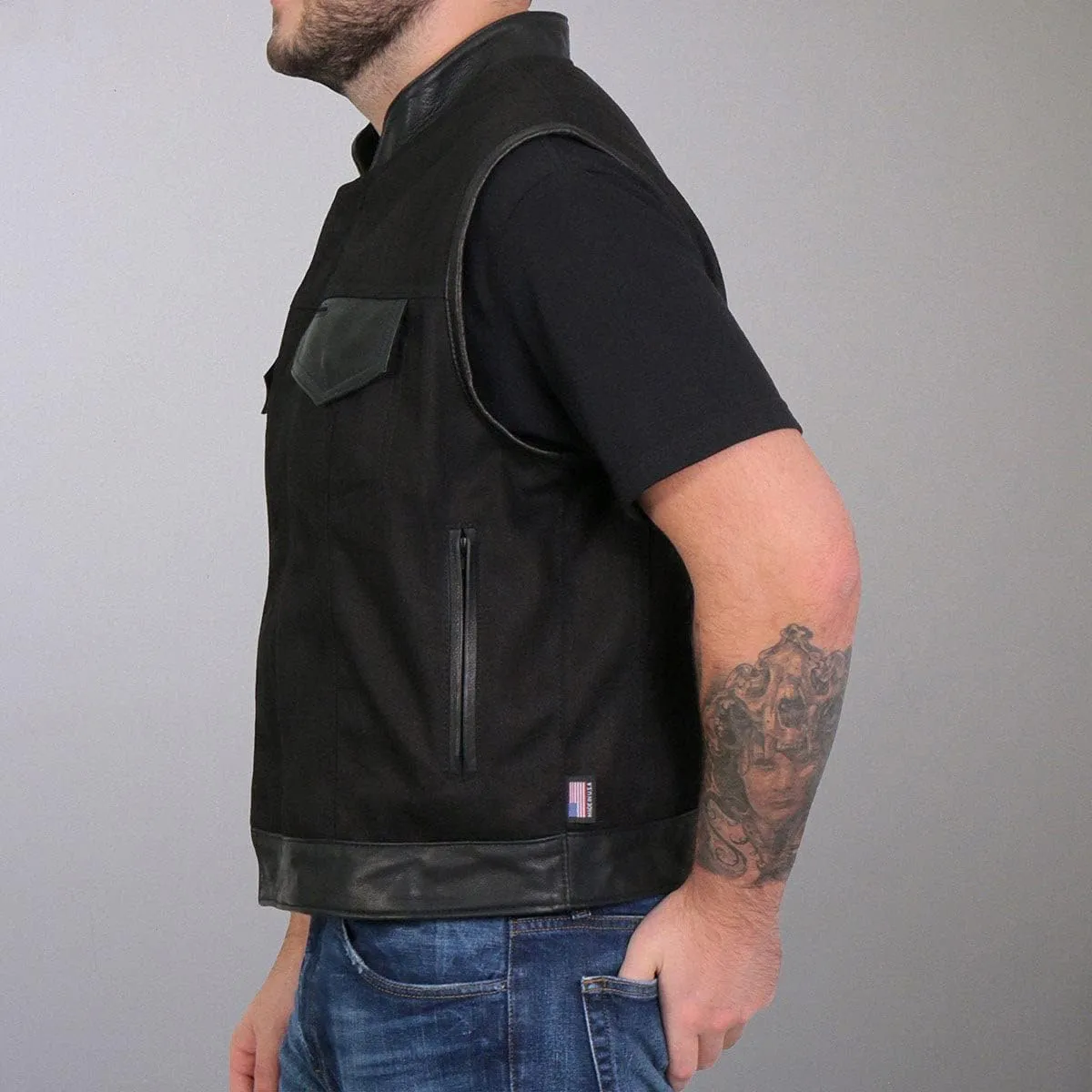 Hot Leathers Men's Standard Denim Biker Vests, Vsm5101-black