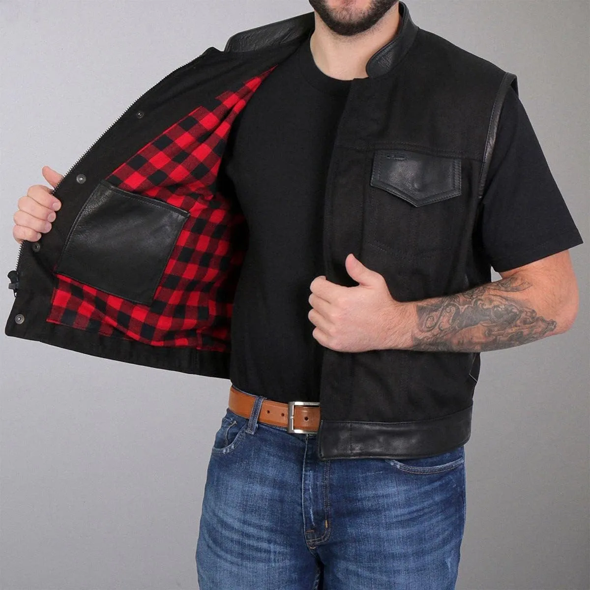 Hot Leathers Men's Standard Denim Biker Vests, Vsm6204-black