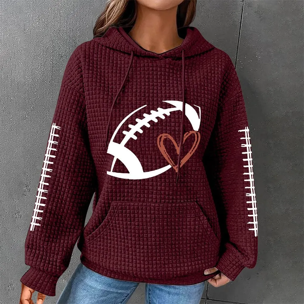HOTYD Women Waffle Knit Hoodies Drawstring Football Graphic Game Day Sweatshirts Casual Long Sleeve Fashion Y2K Pullover