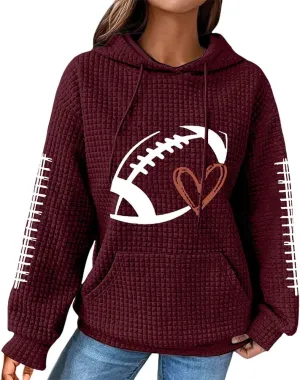 HOTYD Women Waffle Knit Hoodies Drawstring Football Graphic Game Day Sweatshirts Casual Long Sleeve Fashion Y2K Pullover