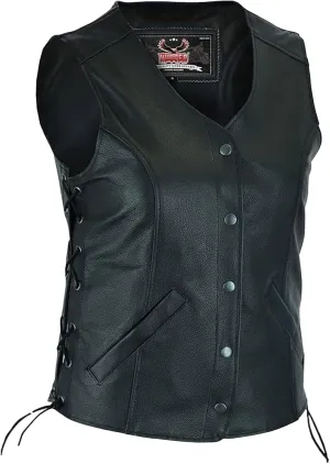Hugger Women Cowhide Leather Vest Classic Biker Vest with Side Laces Motorcycle Rider Vest Concealment Armory Pockets