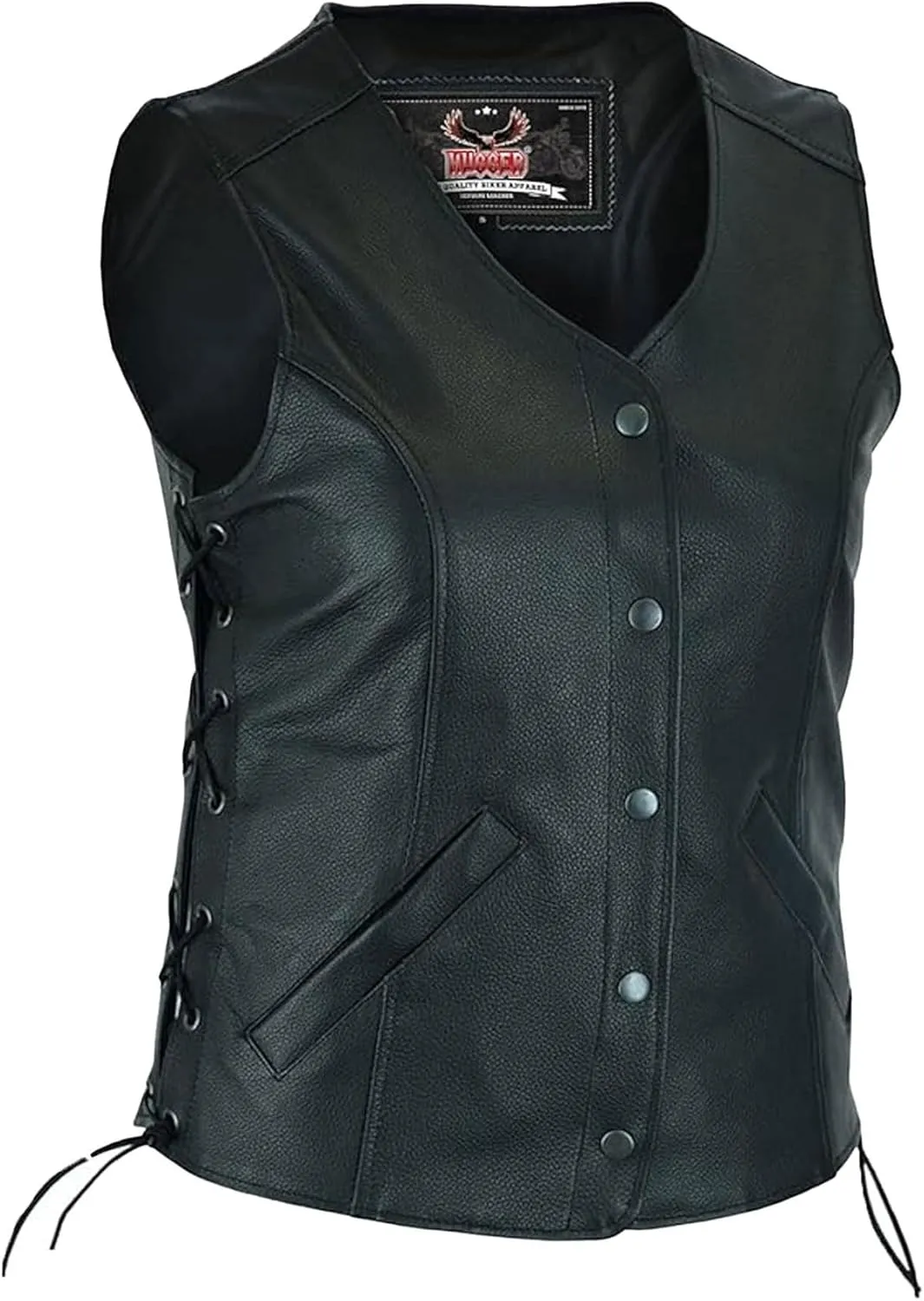 Hugger Women Cowhide Leather Vest Classic Biker Vest with Side Laces Motorcycle Rider Vest Concealment Armory Pockets
