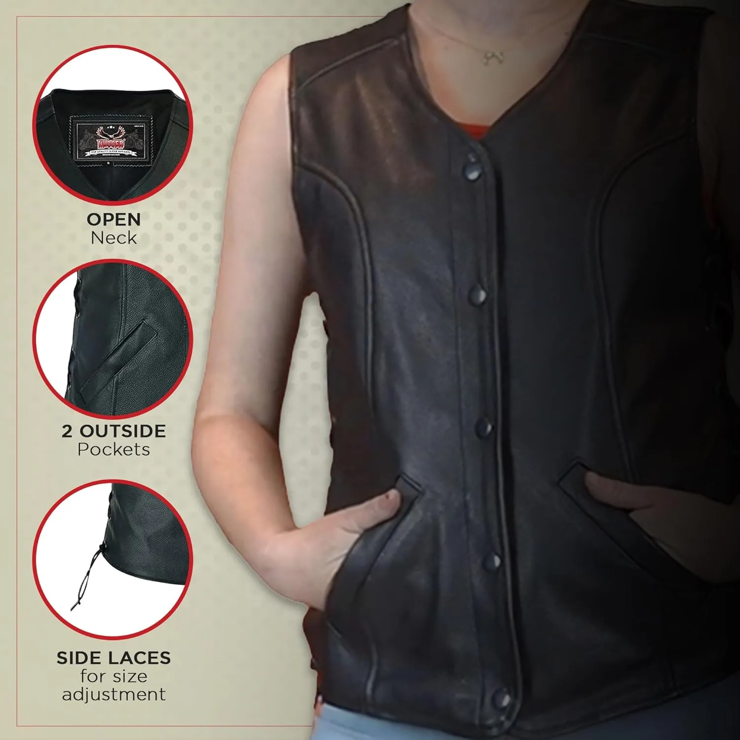 Hugger Women Cowhide Leather Vest Classic Biker Vest with Side Laces Motorcycle Rider Vest Concealment Armory Pockets