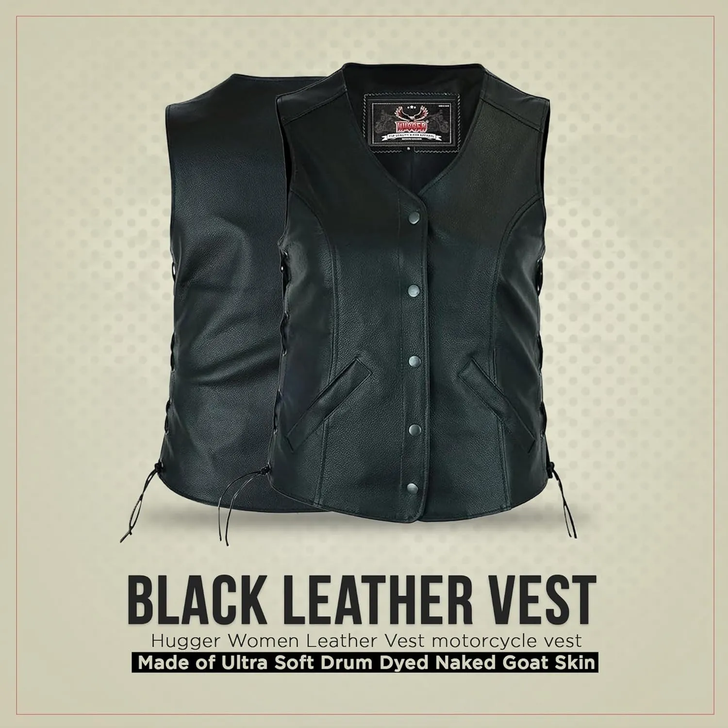 Hugger Women Cowhide Leather Vest Classic Biker Vest with Side Laces Motorcycle Rider Vest Concealment Armory Pockets