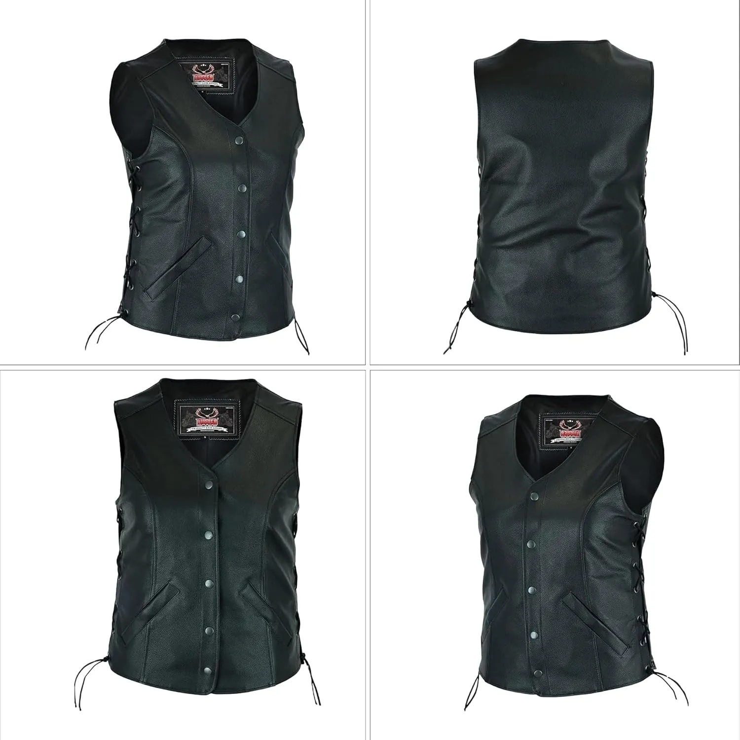 Hugger Women Cowhide Leather Vest Classic Biker Vest with Side Laces Motorcycle Rider Vest Concealment Armory Pockets