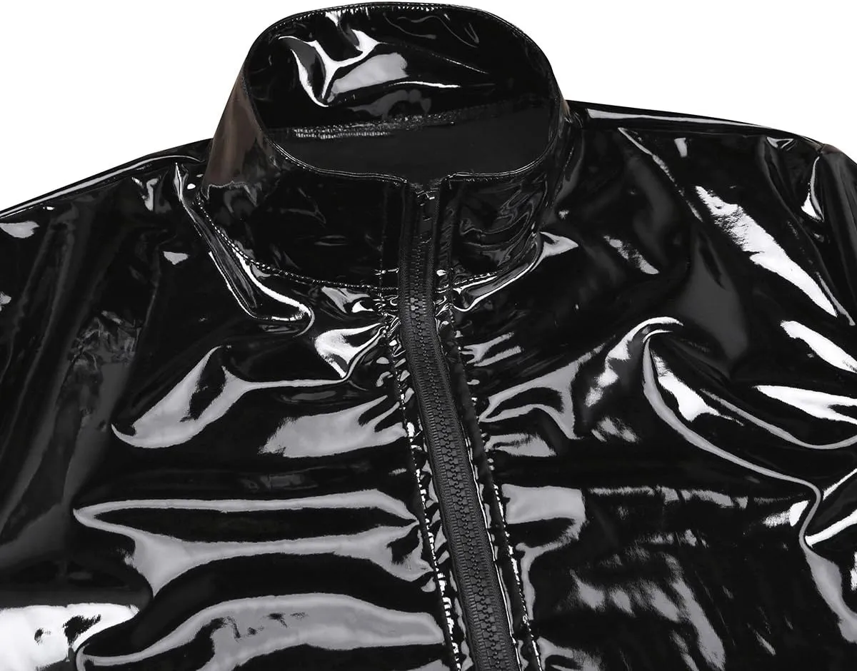 iiniim Men's Shiny Metallic Leather Long Sleeve Stand Collar Lightweight Outwear Jacket Coat