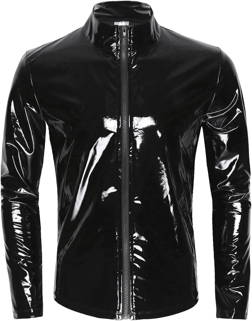 iiniim Men's Shiny Metallic Leather Long Sleeve Stand Collar Lightweight Outwear Jacket Coat