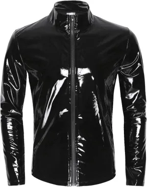 iiniim Men's Shiny Metallic Leather Long Sleeve Stand Collar Lightweight Outwear Jacket Coat