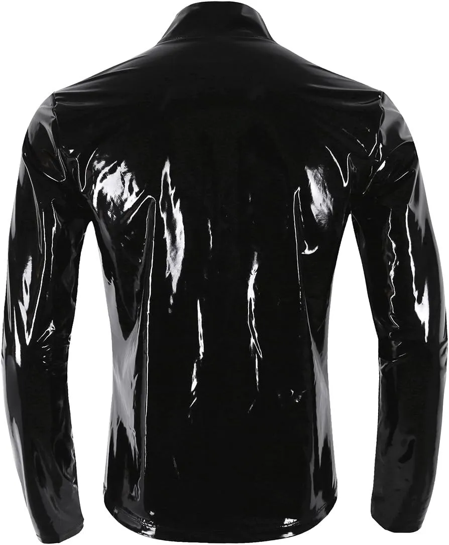 iiniim Men's Shiny Metallic Leather Long Sleeve Stand Collar Lightweight Outwear Jacket Coat