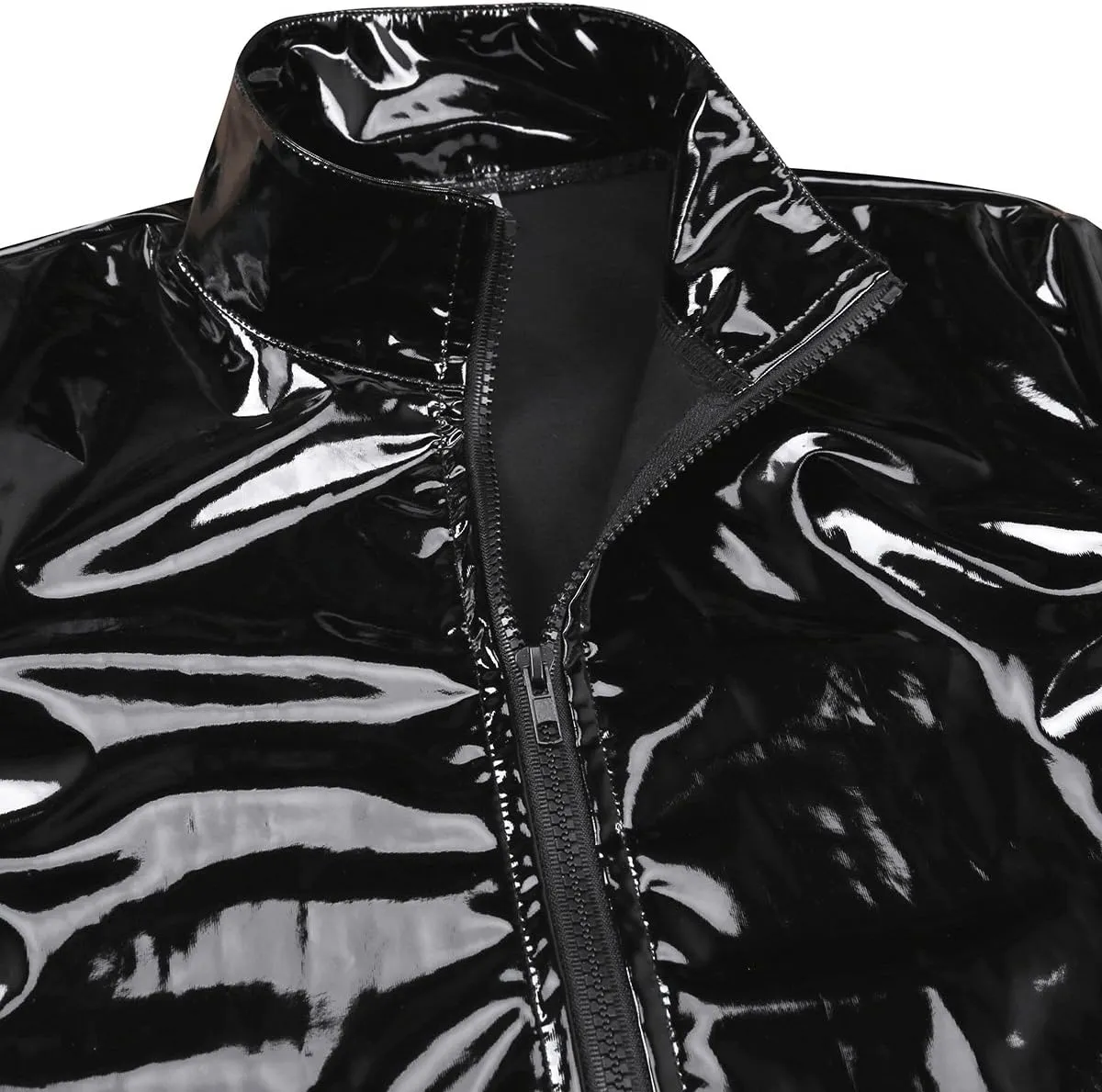 iiniim Men's Shiny Metallic Leather Long Sleeve Stand Collar Lightweight Outwear Jacket Coat