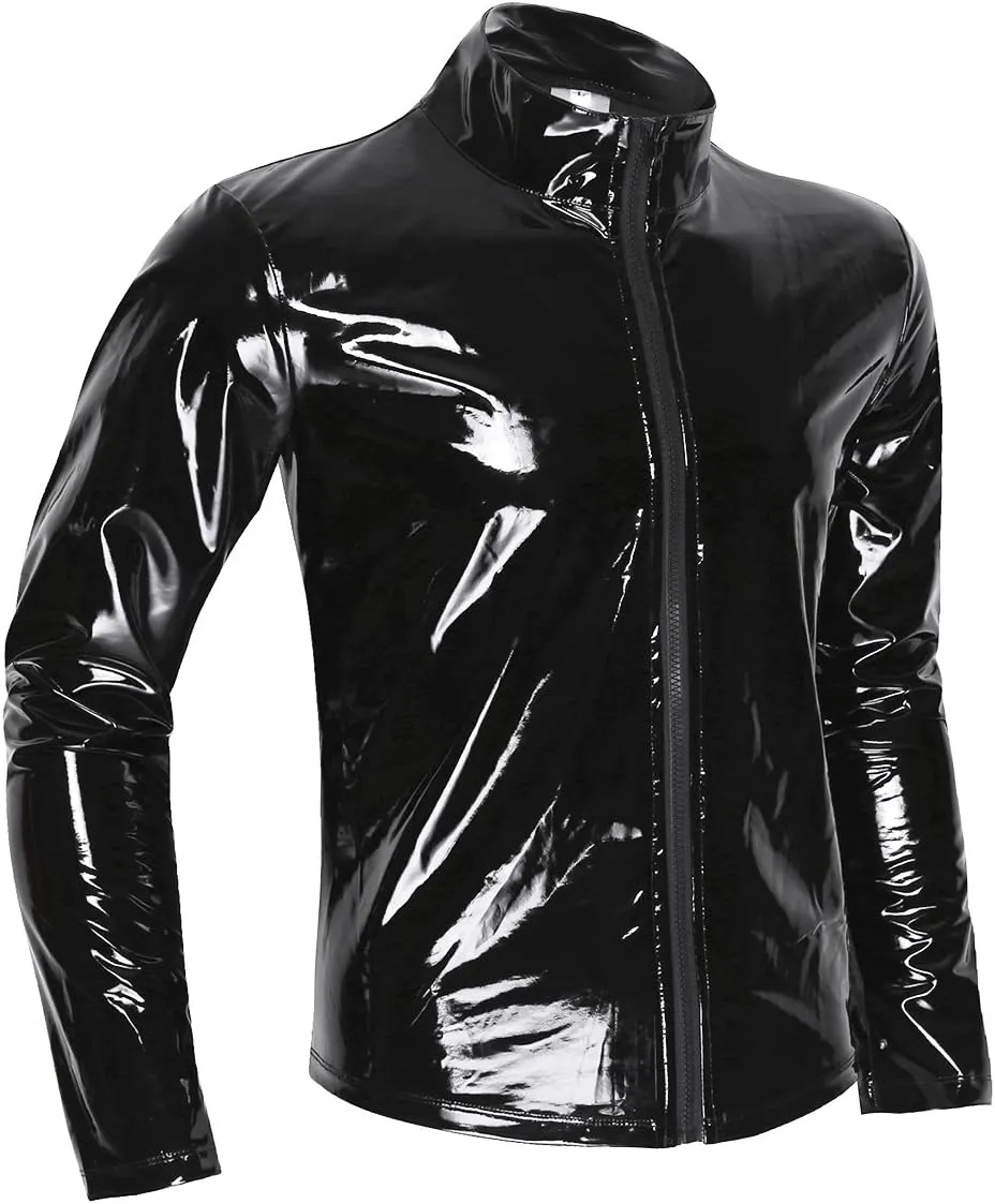iiniim Men's Shiny Metallic Leather Long Sleeve Stand Collar Lightweight Outwear Jacket Coat