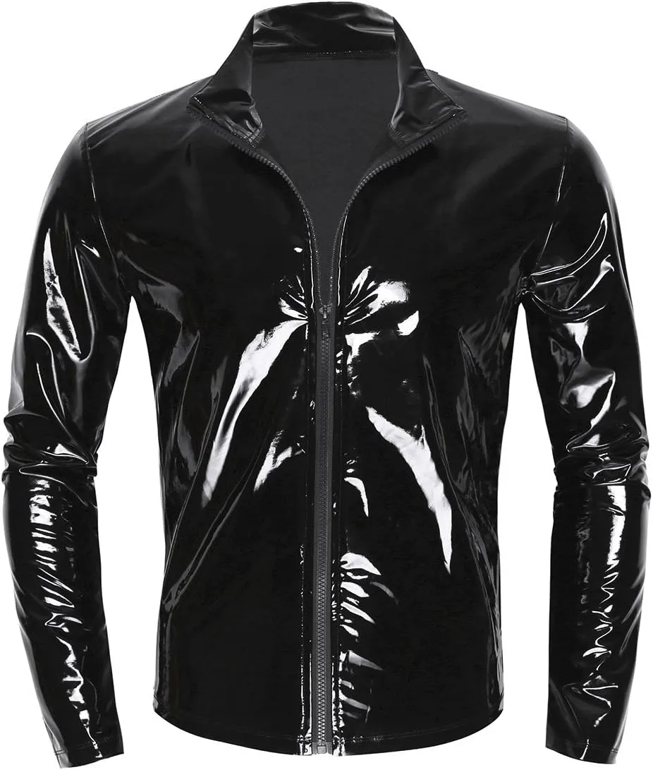 iiniim Men's Shiny Metallic Leather Long Sleeve Stand Collar Lightweight Outwear Jacket Coat