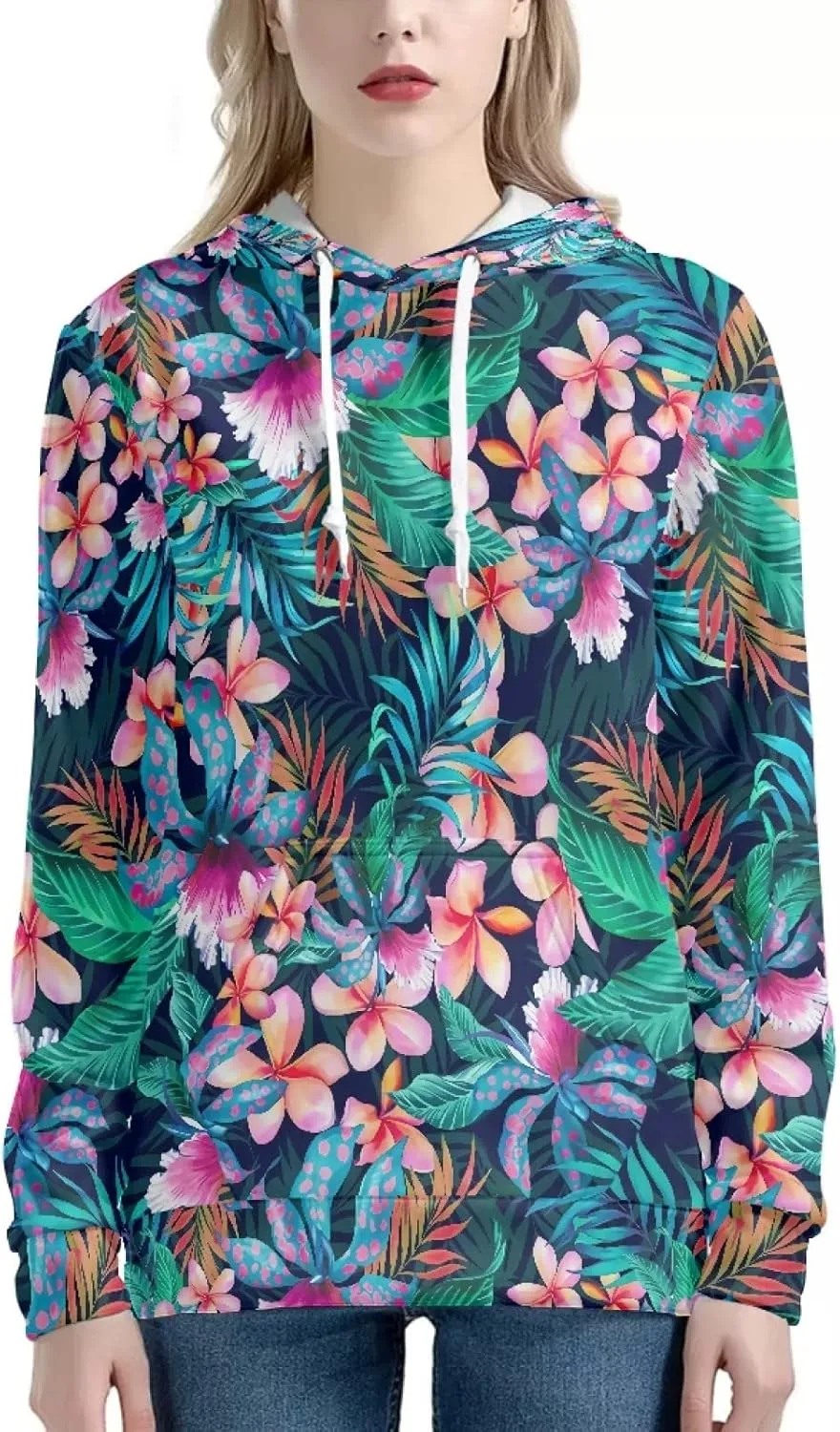 Irisjudy Island Flowers Leaves Women's Casual Hoodies Plus Size XS-6XL, Fractal Art Hooded Tops Girls Fall Spring Sweatshirt