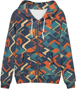 Irisjudy Women Oversized Hoodies Retro Boho Xmas Flower Hooded Jacket Island Totem Long-Sleeve Fall Outwear Sweatshirt Zip-up