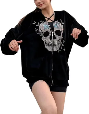 iTranyee Women Y2k Grunge Zipper Hoodies Halloween Goth Oversized Hooded Sweatshirt Punk Vintage Jacket Outwear