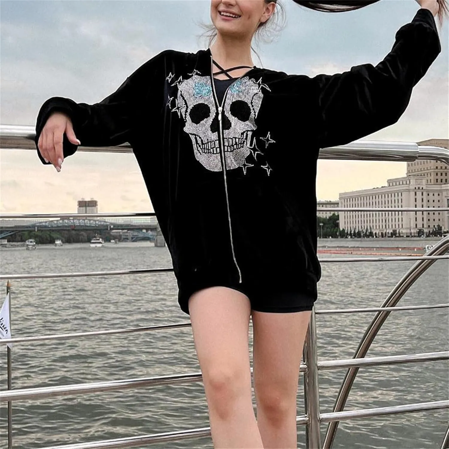 iTranyee Women Y2k Grunge Zipper Hoodies Halloween Goth Oversized Hooded Sweatshirt Punk Vintage Jacket Outwear