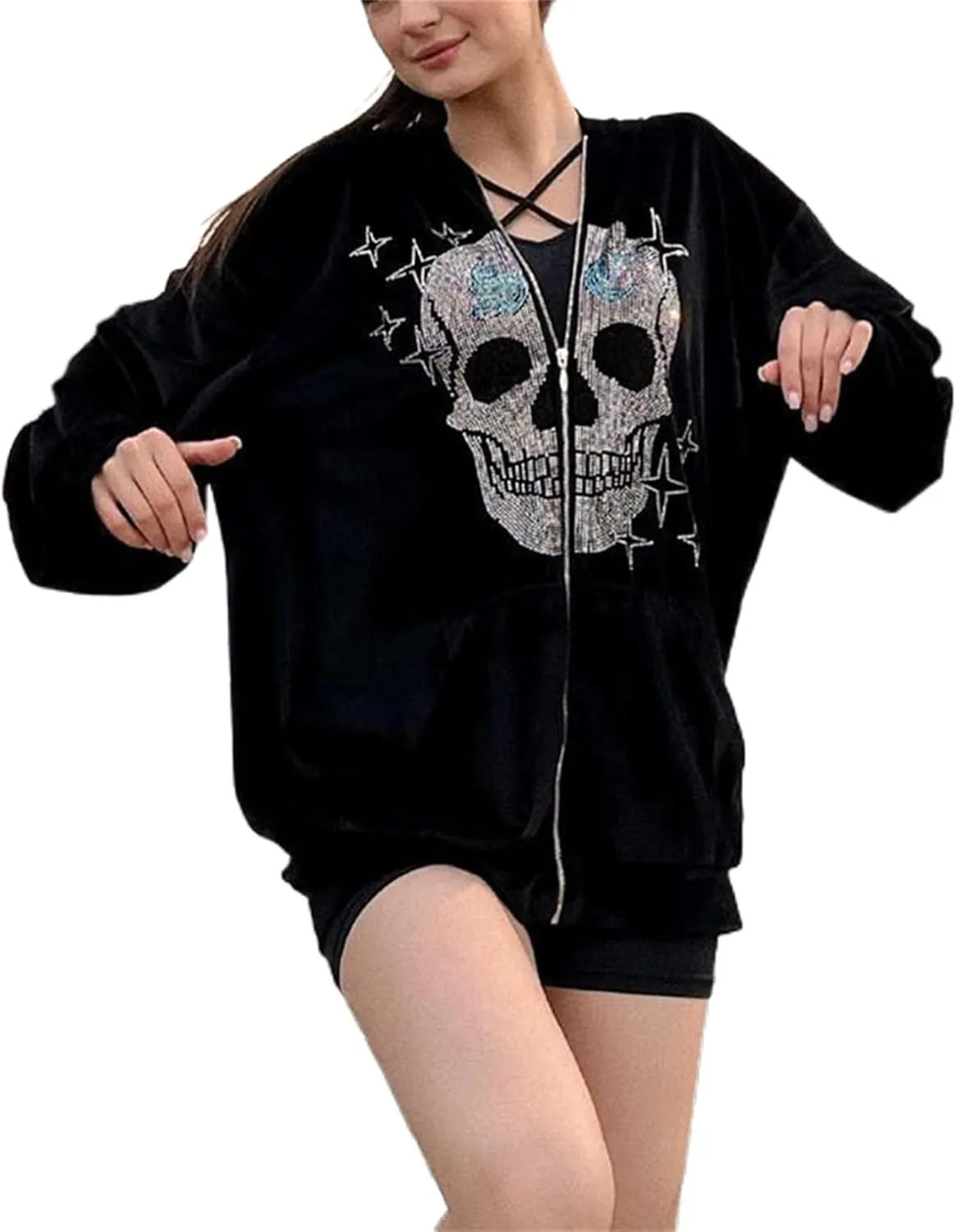 iTranyee Women Y2k Grunge Zipper Hoodies Halloween Goth Oversized Hooded Sweatshirt Punk Vintage Jacket Outwear