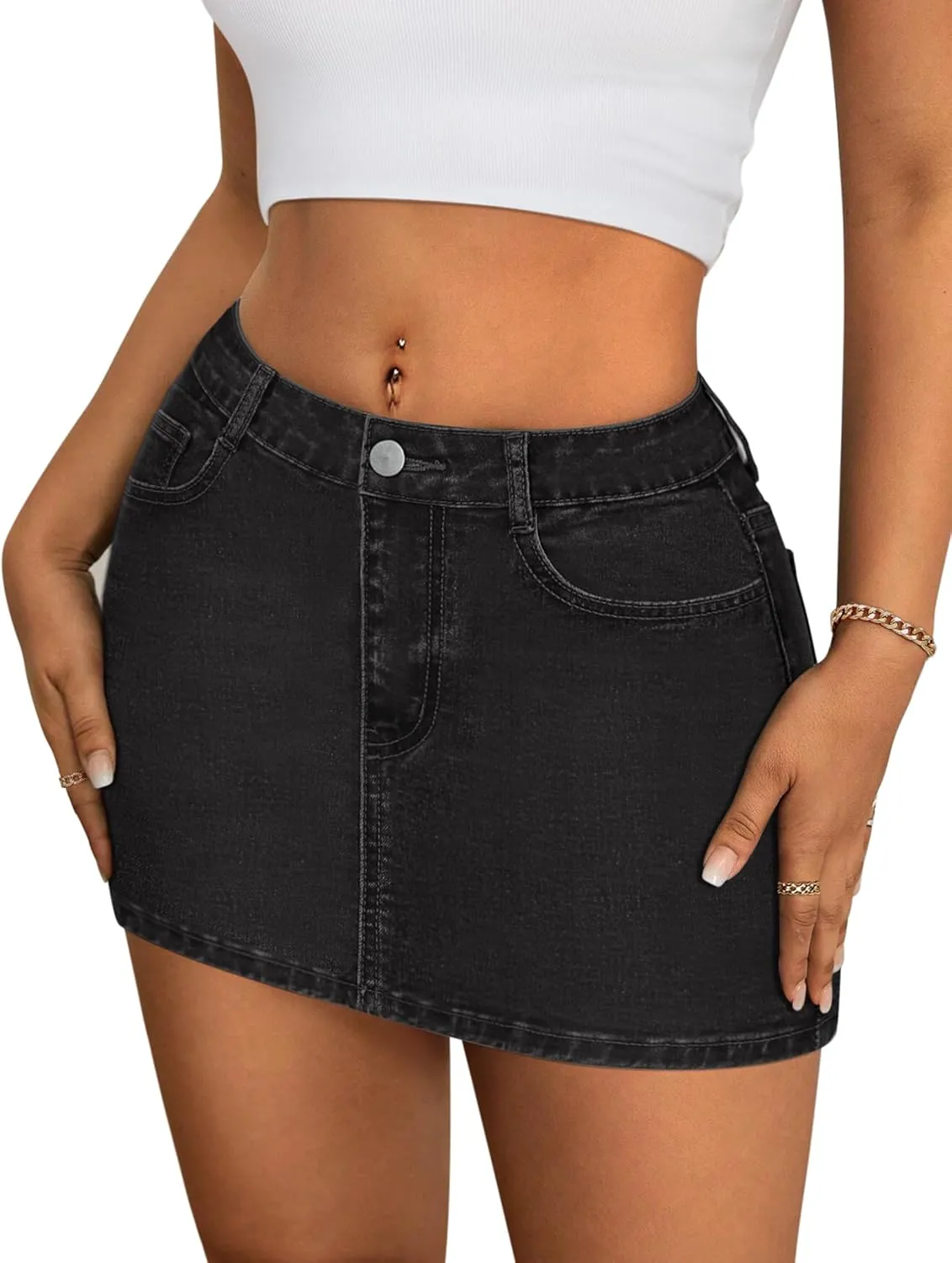 IWD Denim Mini Skirt Women Casual Stretch Jean Skirt Zip Fly Low Waisted Denim Skort with Pockets