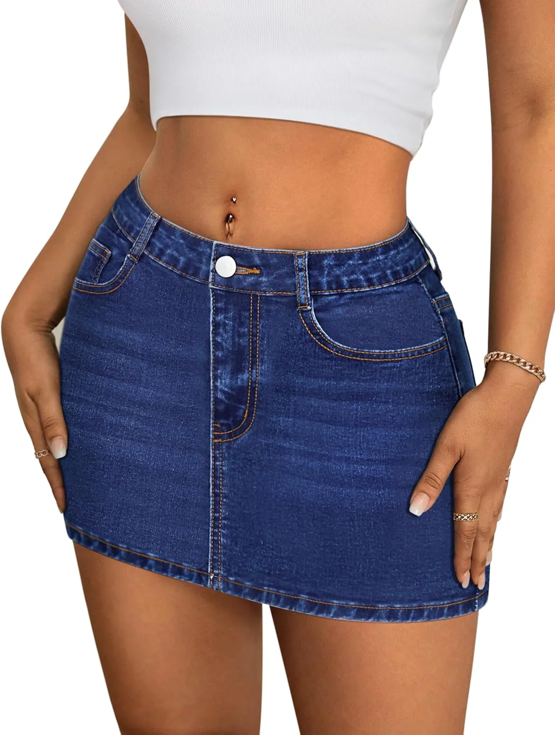 IWD Denim Mini Skirt Women Casual Stretch Jean Skirt Zip Fly Low Waisted Denim Skort with Pockets