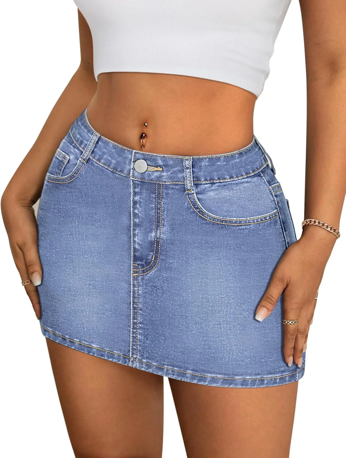 IWD Denim Mini Skirt Women Casual Stretch Jean Skirt Zip Fly Low Waisted Denim Skort with Pockets