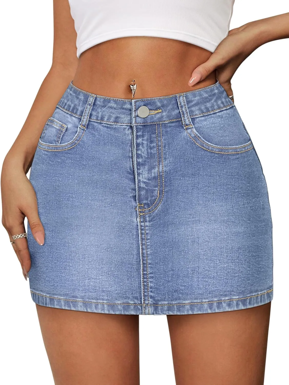 IWD Denim Mini Skirt Women Casual Stretch Jean Skirt Zip Fly Low Waisted Denim Skort with Pockets