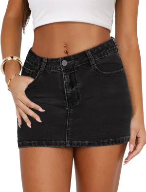 IWD Denim Mini Skirt Women Casual Stretch Jean Skirt Zip Fly Low Waisted Denim Skort with Pockets
