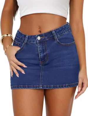 IWD Denim Mini Skirt Women Casual Stretch Jean Skirt Zip Fly Low Waisted Denim Skort with Pockets