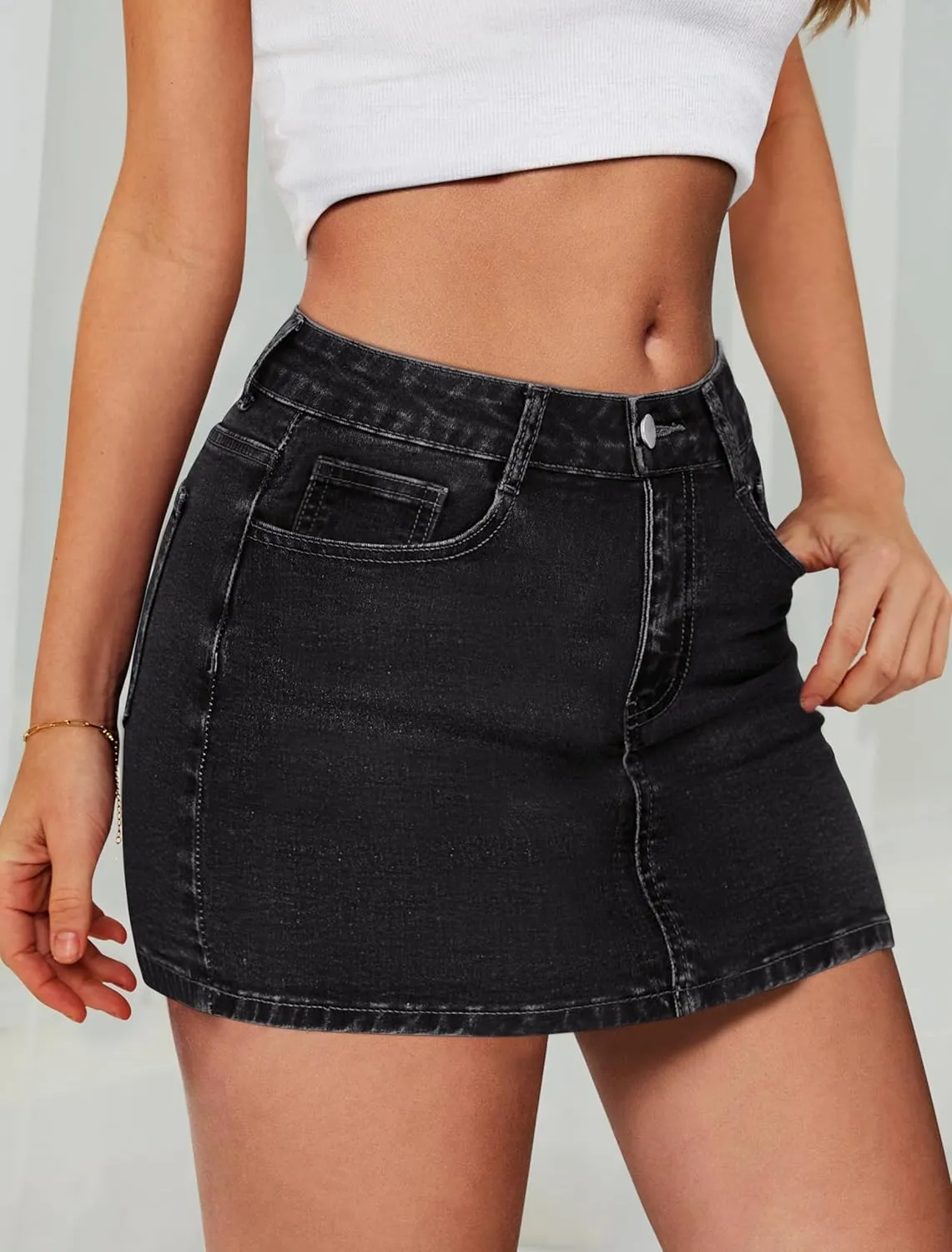 IWD Denim Mini Skirt Women Casual Stretch Jean Skirt Zip Fly Low Waisted Denim Skort with Pockets