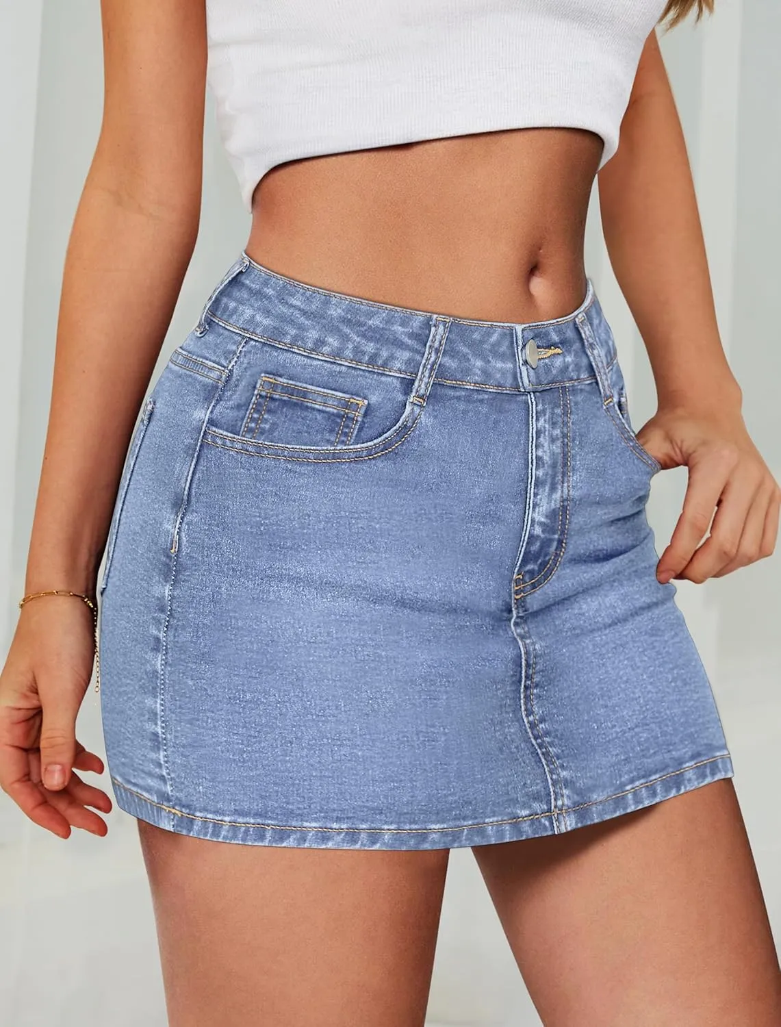 IWD Denim Mini Skirt Women Casual Stretch Jean Skirt Zip Fly Low Waisted Denim Skort with Pockets