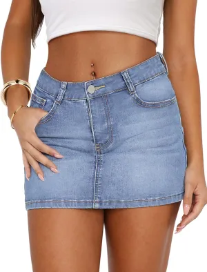 IWD Denim Mini Skirt Women Casual Stretch Jean Skirt Zip Fly Low Waisted Denim Skort with Pockets