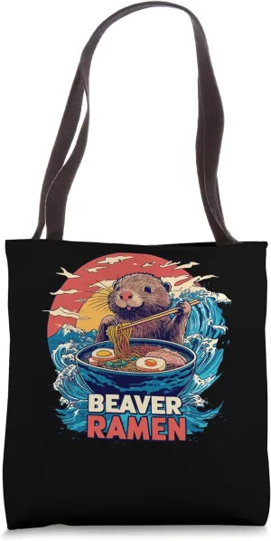 Japanese Noodles Wave Sunset Art Wildlife Beaver Ramen Tote Bag