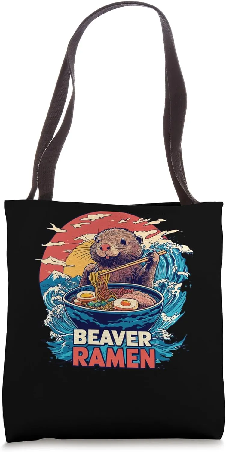 Japanese Noodles Wave Sunset Art Wildlife Beaver Ramen Tote Bag