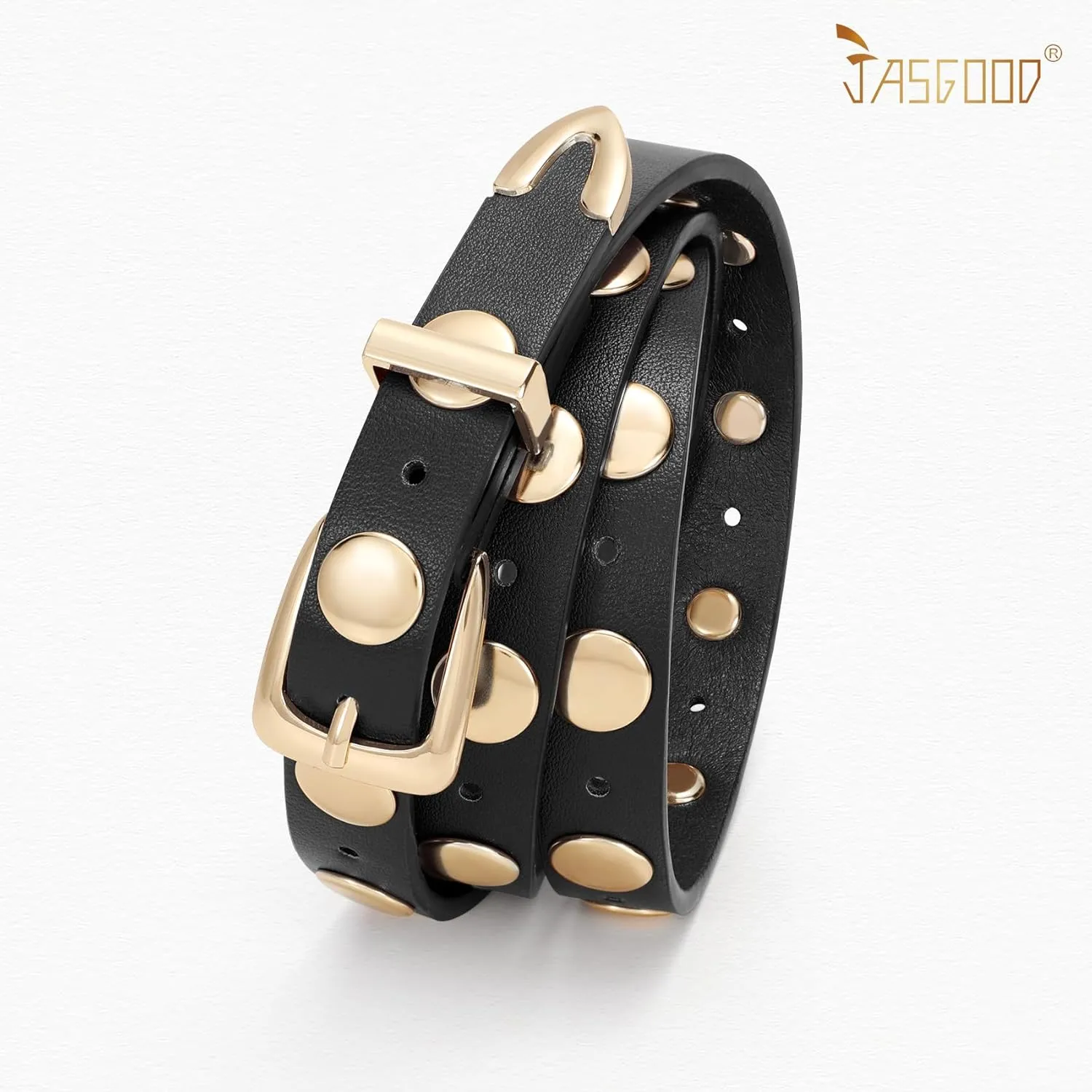 JASGOOD Women Studded Belt Skinny Leather Belt Ladies Thin Waist Belt Fashion Leather Belt for Jeans Pants Dress