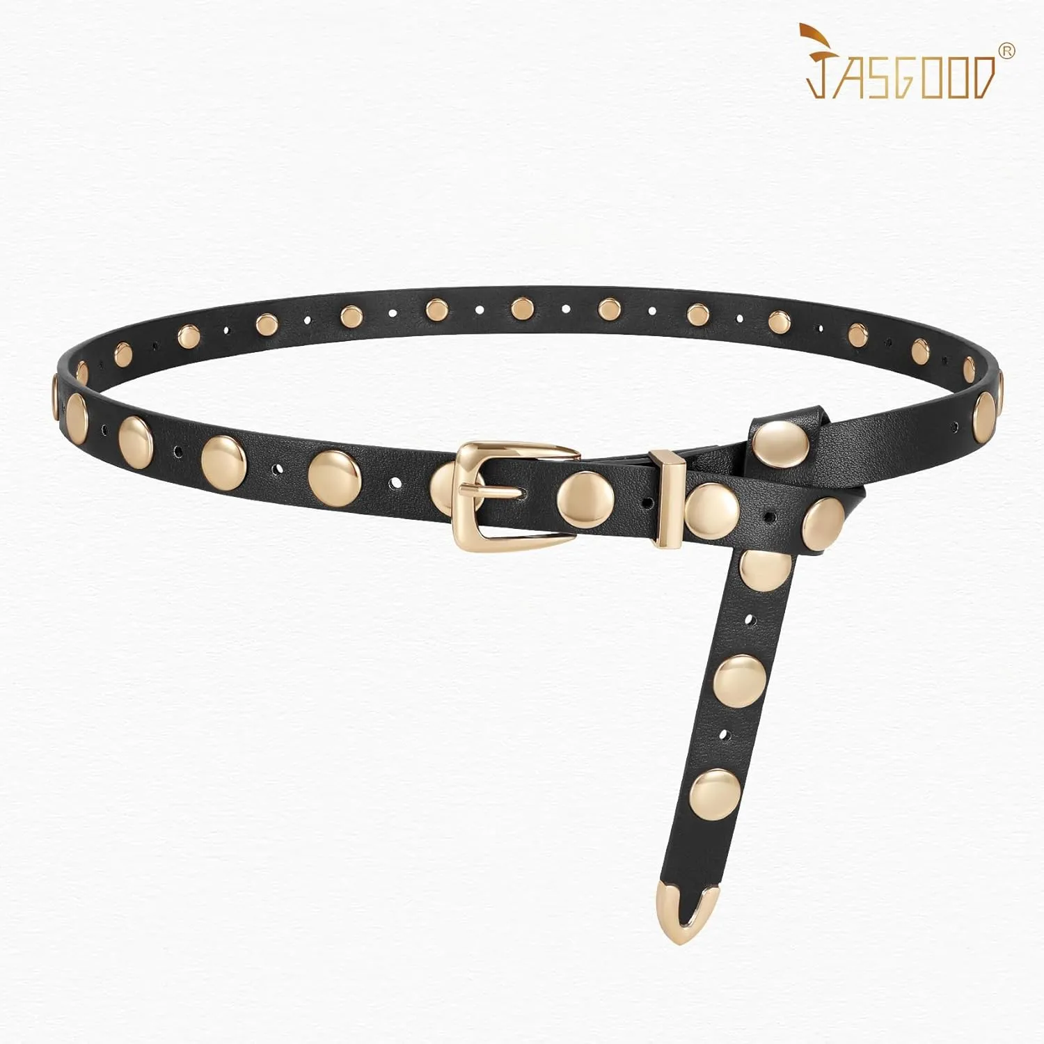 JASGOOD Women Studded Belt Skinny Leather Belt Ladies Thin Waist Belt Fashion Leather Belt for Jeans Pants Dress