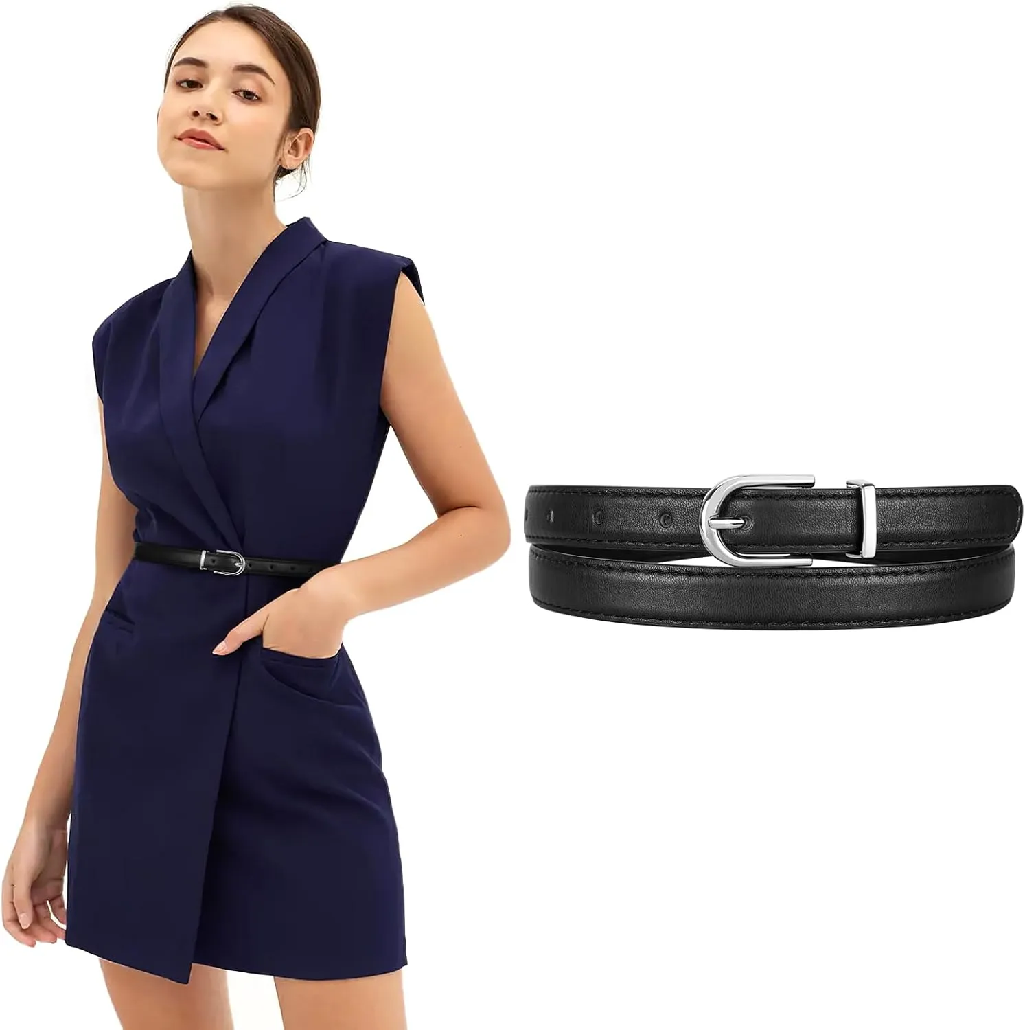 JASGOOD Womens Skinny Leather Belt Ladies Thin Faux Leather Belt with Gold/Silver Buckle for Jeans Dress Pants