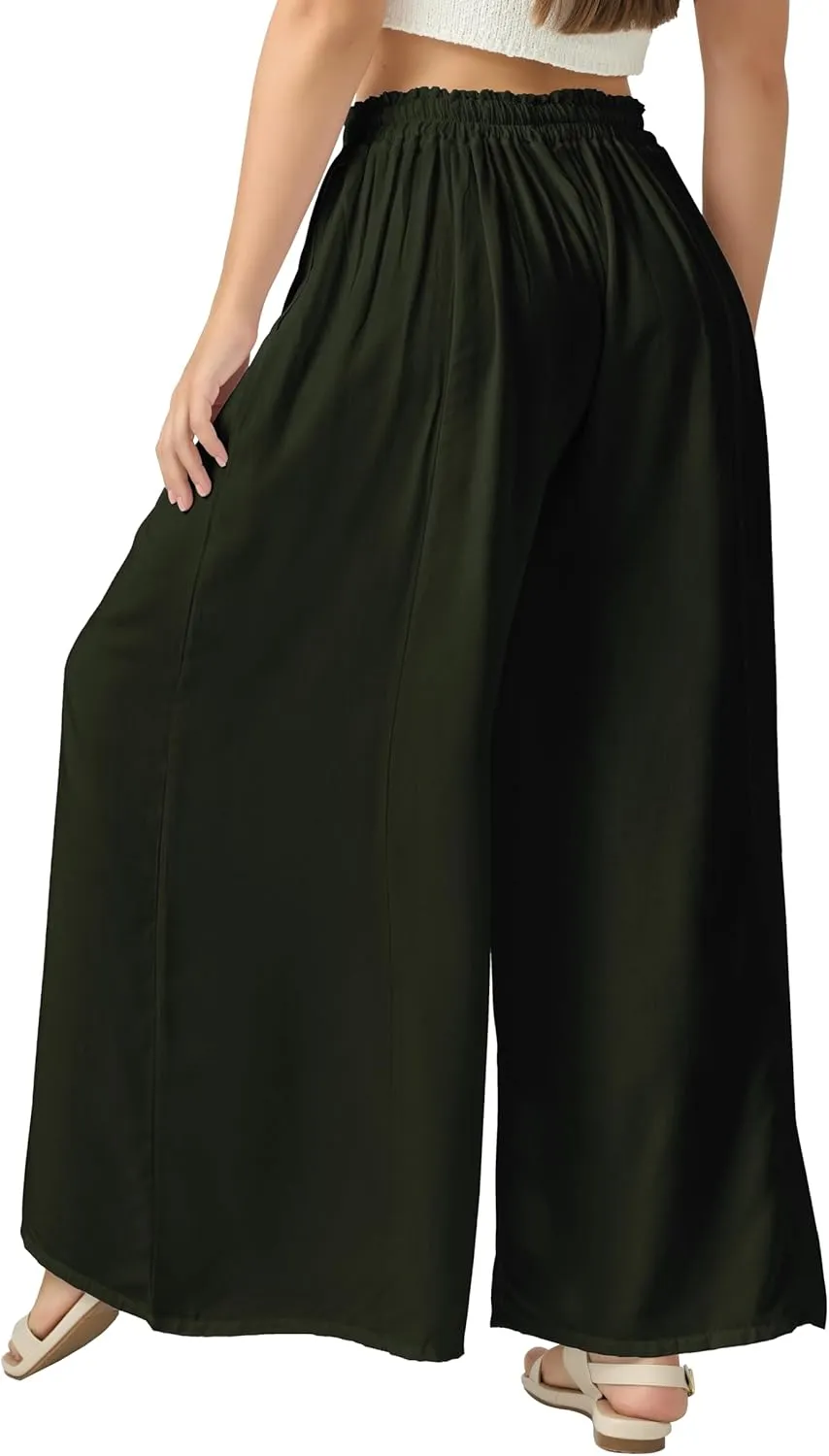 Joob Joob Wide Leg Pants for Women - High Waist Casual Women's Palazzo Pants - Flowy Elastic Waisted Trousers with Pockets