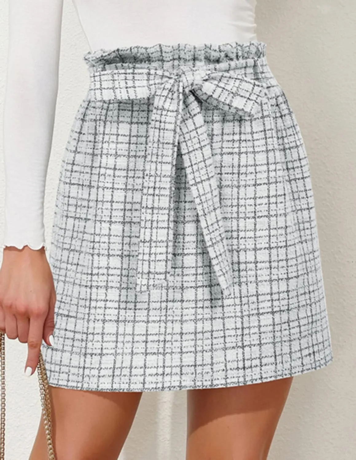 KANCY KOLE Women's Tweed Skirt Casual High Waist A Line Skirt Knee Length Skirt with Pockets Casual Plaid Mini Skirt