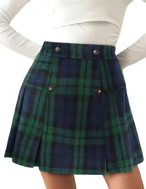 Kate Kasin 2024 Women's Pleated Plaid Mini Skirt High Waist A-Line Fall Winter Casual Skirts