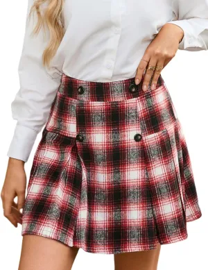 Kate Kasin 2024 Women's Pleated Plaid Mini Skirt High Waist A-Line Fall Winter Casual Skirts
