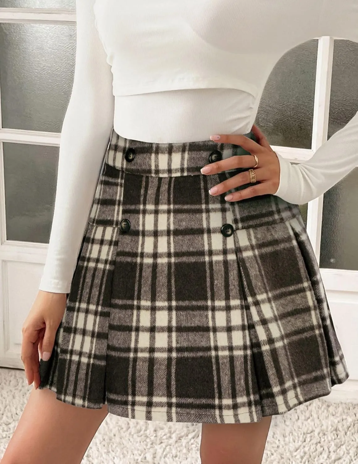 Kate Kasin 2024 Women's Pleated Plaid Mini Skirt High Waist A-Line Fall Winter Casual Skirts