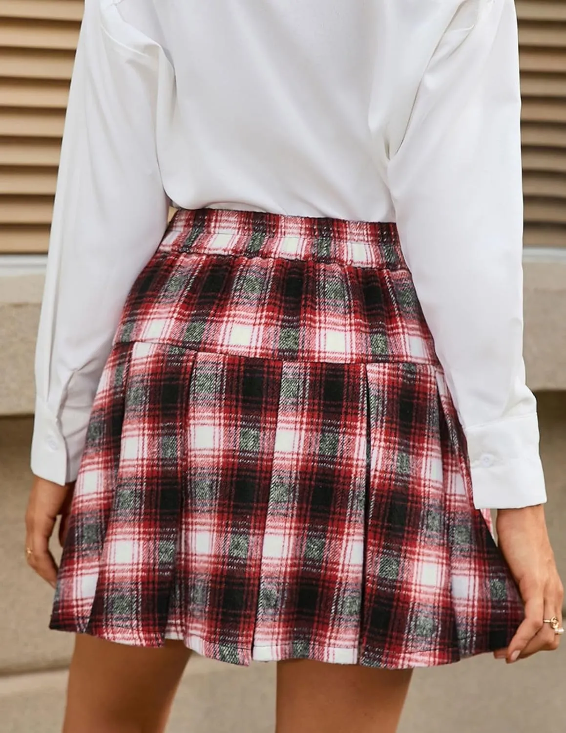 Kate Kasin 2024 Women's Pleated Plaid Mini Skirt High Waist A-Line Fall Winter Casual Skirts