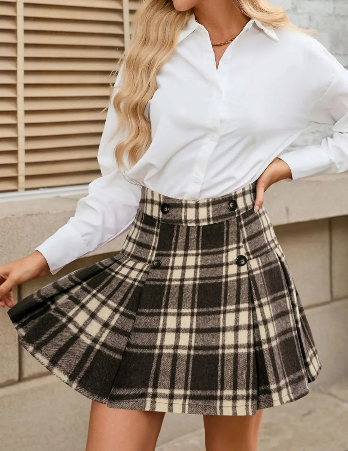 Kate Kasin 2024 Women's Pleated Plaid Mini Skirt High Waist A-Line Fall Winter Casual Skirts