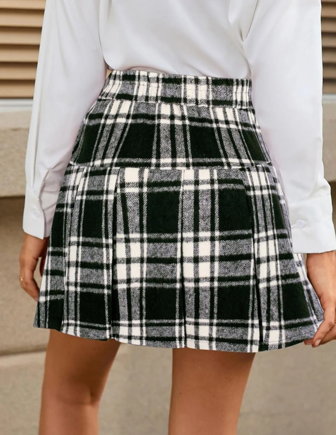 Kate Kasin 2024 Women's Pleated Plaid Mini Skirt High Waist A-Line Fall Winter Casual Skirts