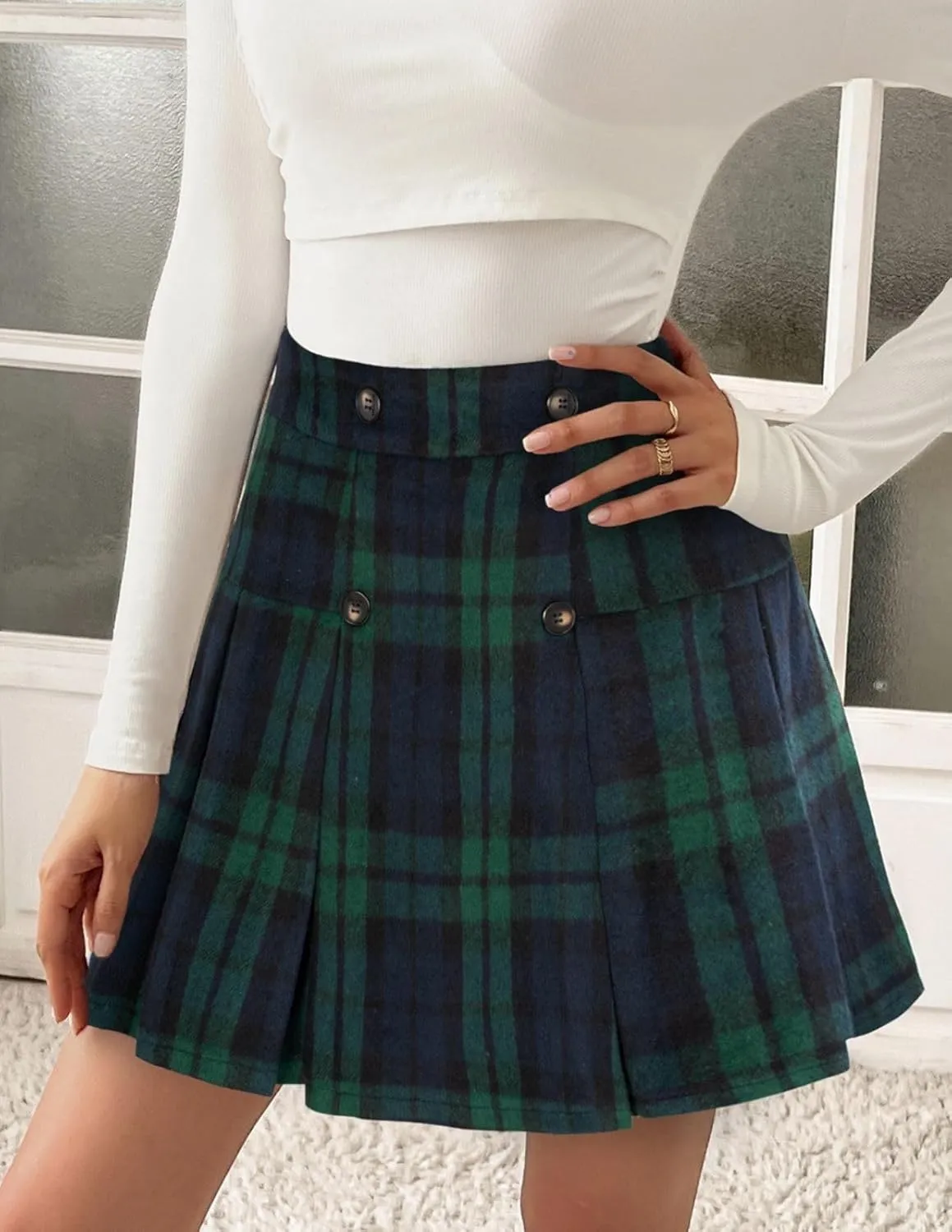 Kate Kasin 2024 Women's Pleated Plaid Mini Skirt High Waist A-Line Fall Winter Casual Skirts