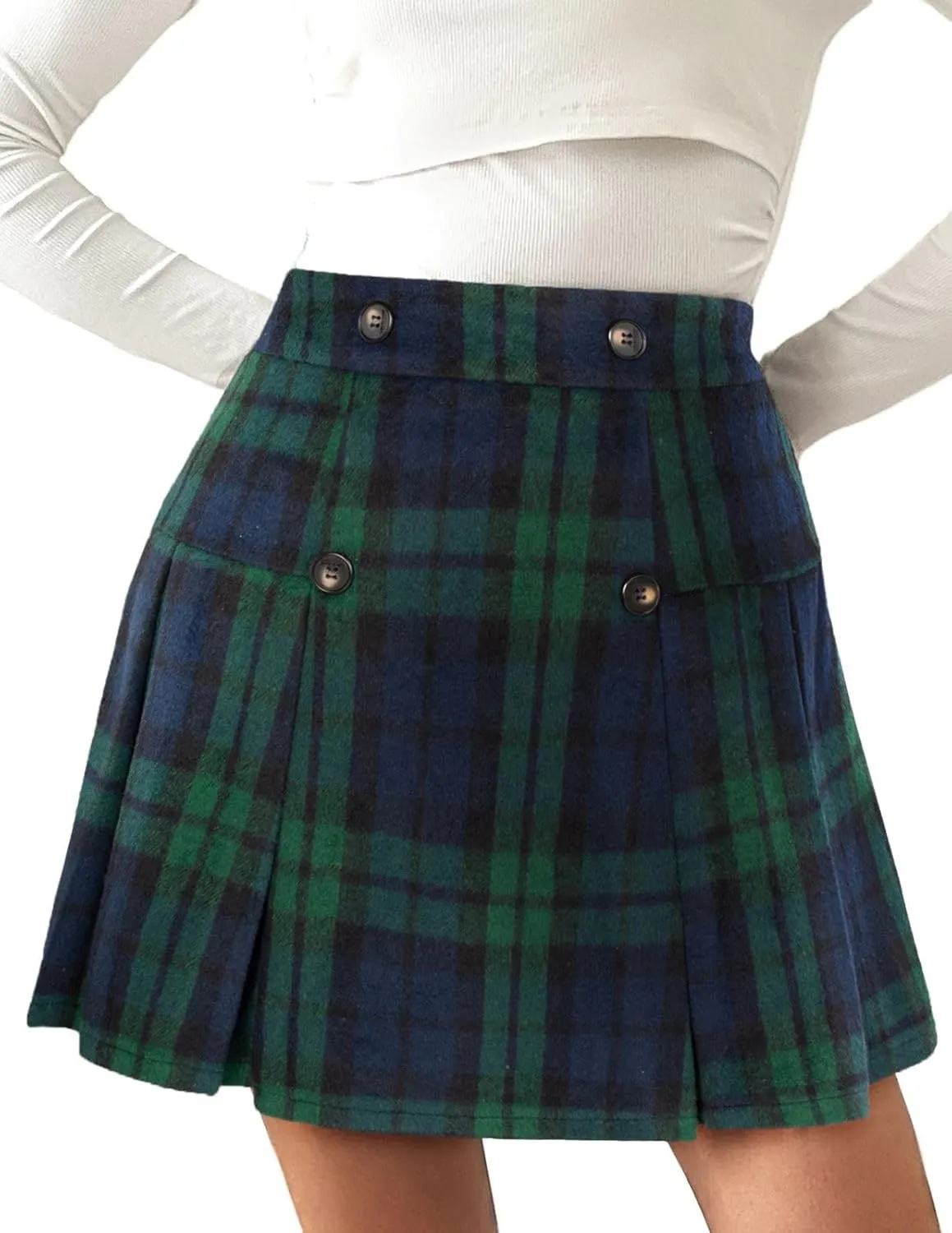 Kate Kasin 2024 Women's Pleated Plaid Mini Skirt High Waist A-Line Fall Winter Casual Skirts