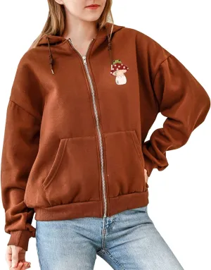 KEEVICI Cute Mushroom Frog Zip Up Hoodies for Teen Girls Oversized Y2k Cottagecore Aesthetic Sweatshirt Cotton Zipper Hoodie